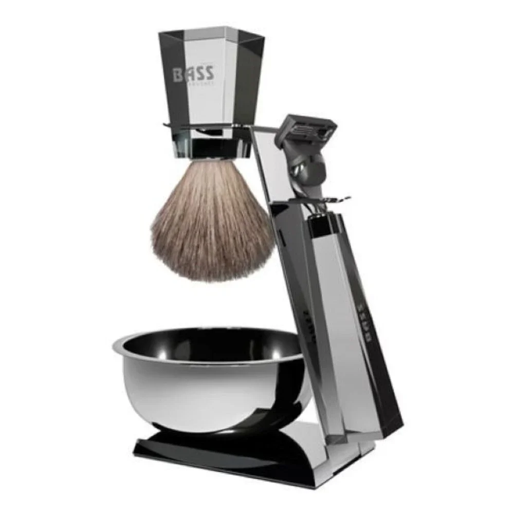 Bass Blades Egiziano Shave Set Badger Brush Razor Stand Chrome Bowl Acrylic